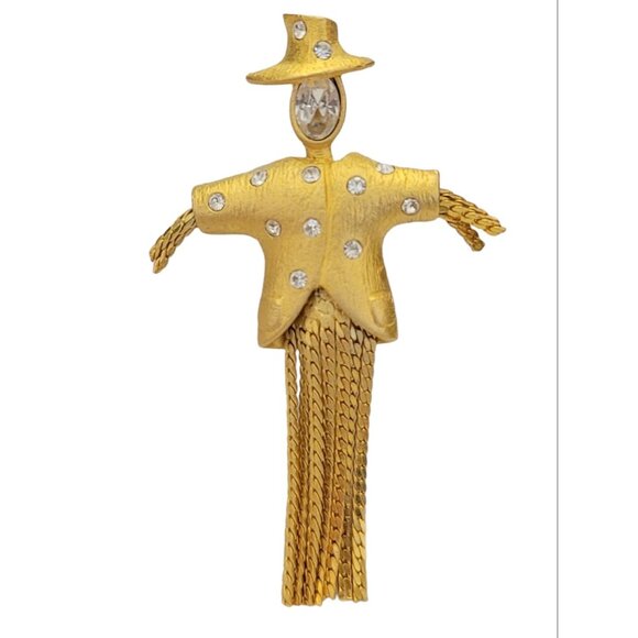 Gold Tone Clear Rhinestone Scarecrow Chain Fringe Dangle Brooch K576 - Picture 2 of 8